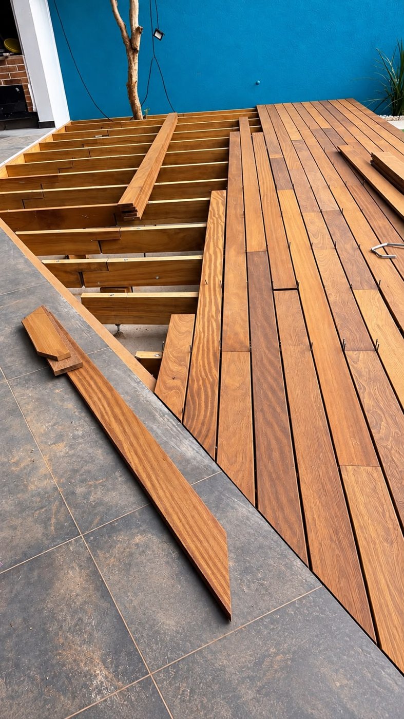 Deck em montagem com réguas sendo fixadas