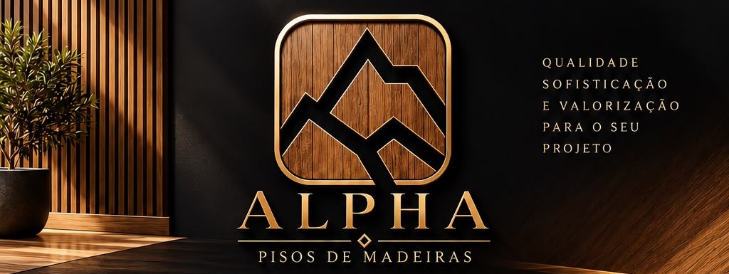 Logo Alpha Pisos de Madeiras sobre parede revestida de madeira